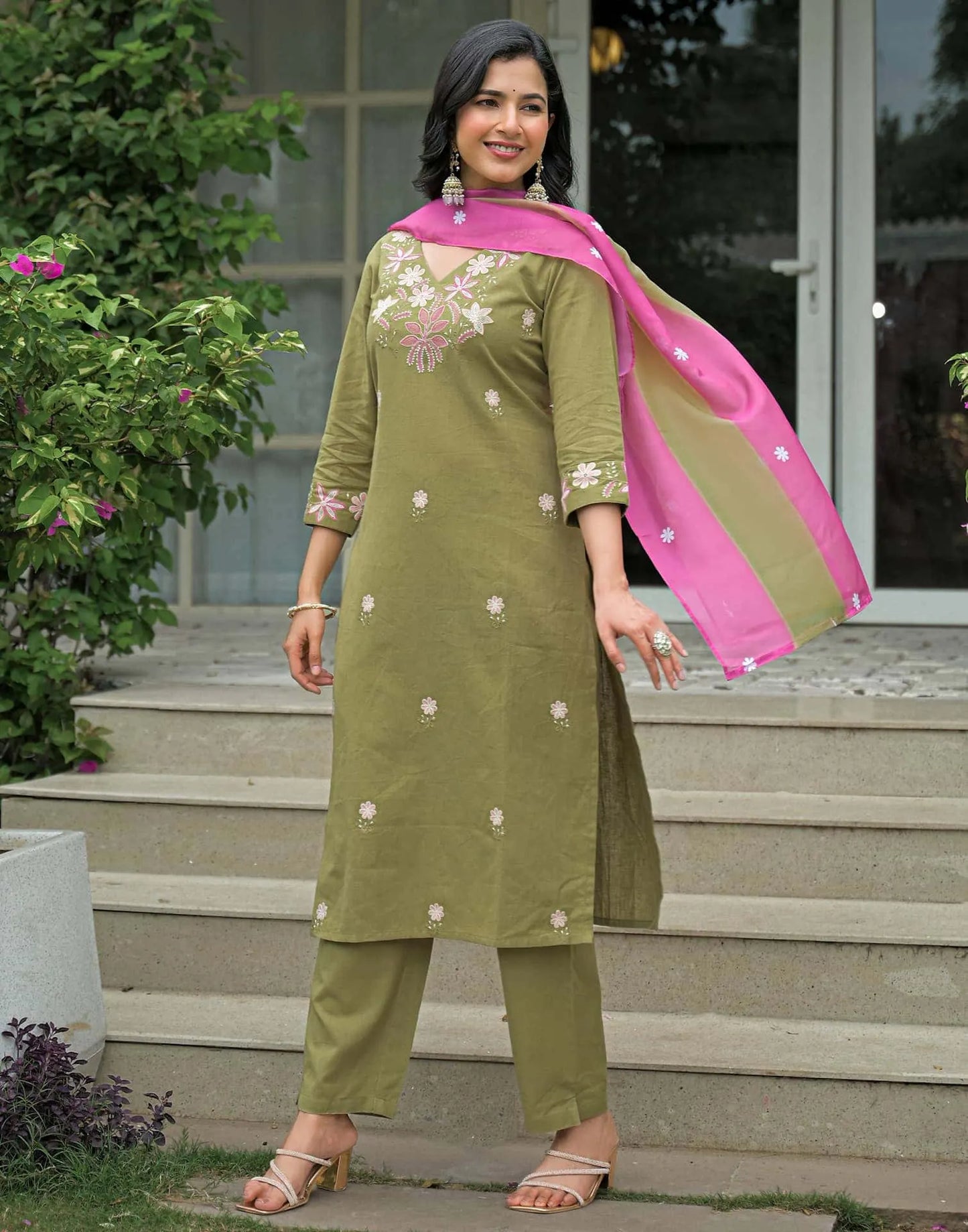 Cotton Embroidered Straight Kurta with Pant & Dupatta