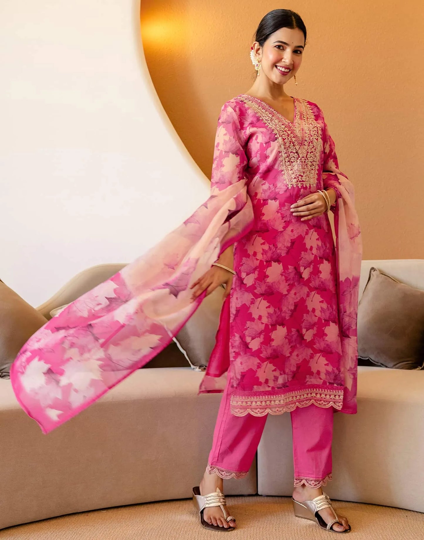 Pink Organza Printed Straight Kurta Set with Pant and Dupatta under 1299 