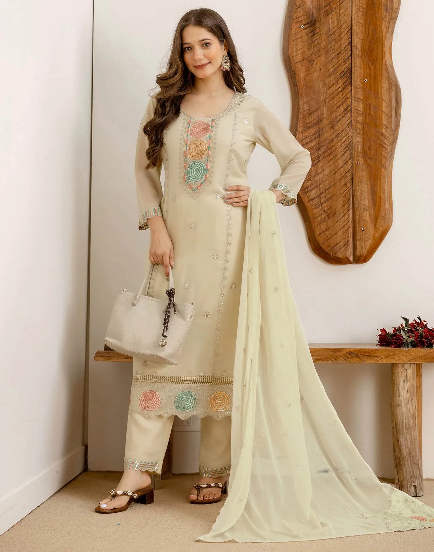 Beige Georgette Embroidered Kurta Set with Pant & Dupatta