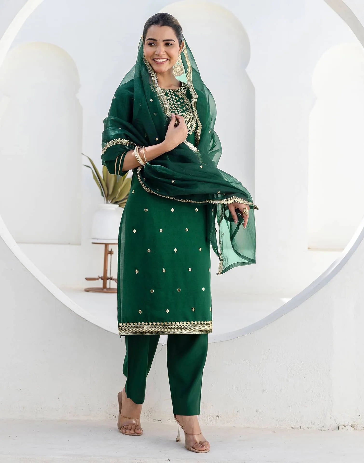 Affordable Dark Green Silk Embroidered Kurta Set with duppatta 