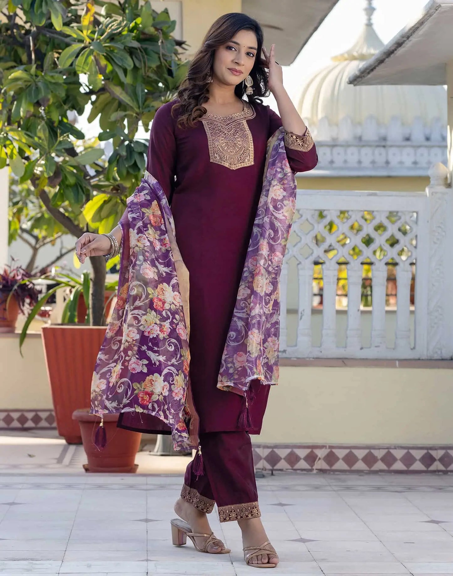 Silk Blend Weaving Straight Kurta with Pant & Dupatta