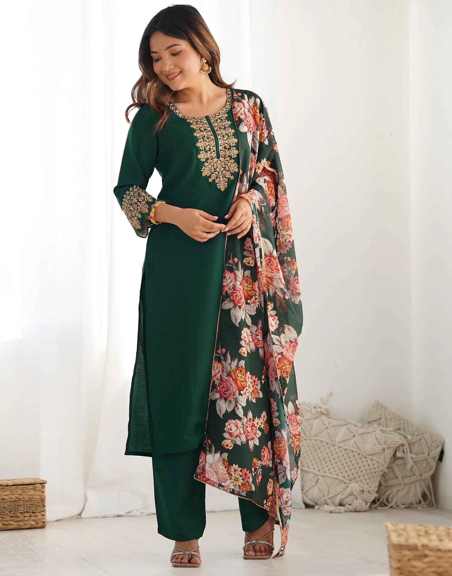 Skylee Poly Chinnon Embroidered Straight 3 Piece Kurta Set For Woman