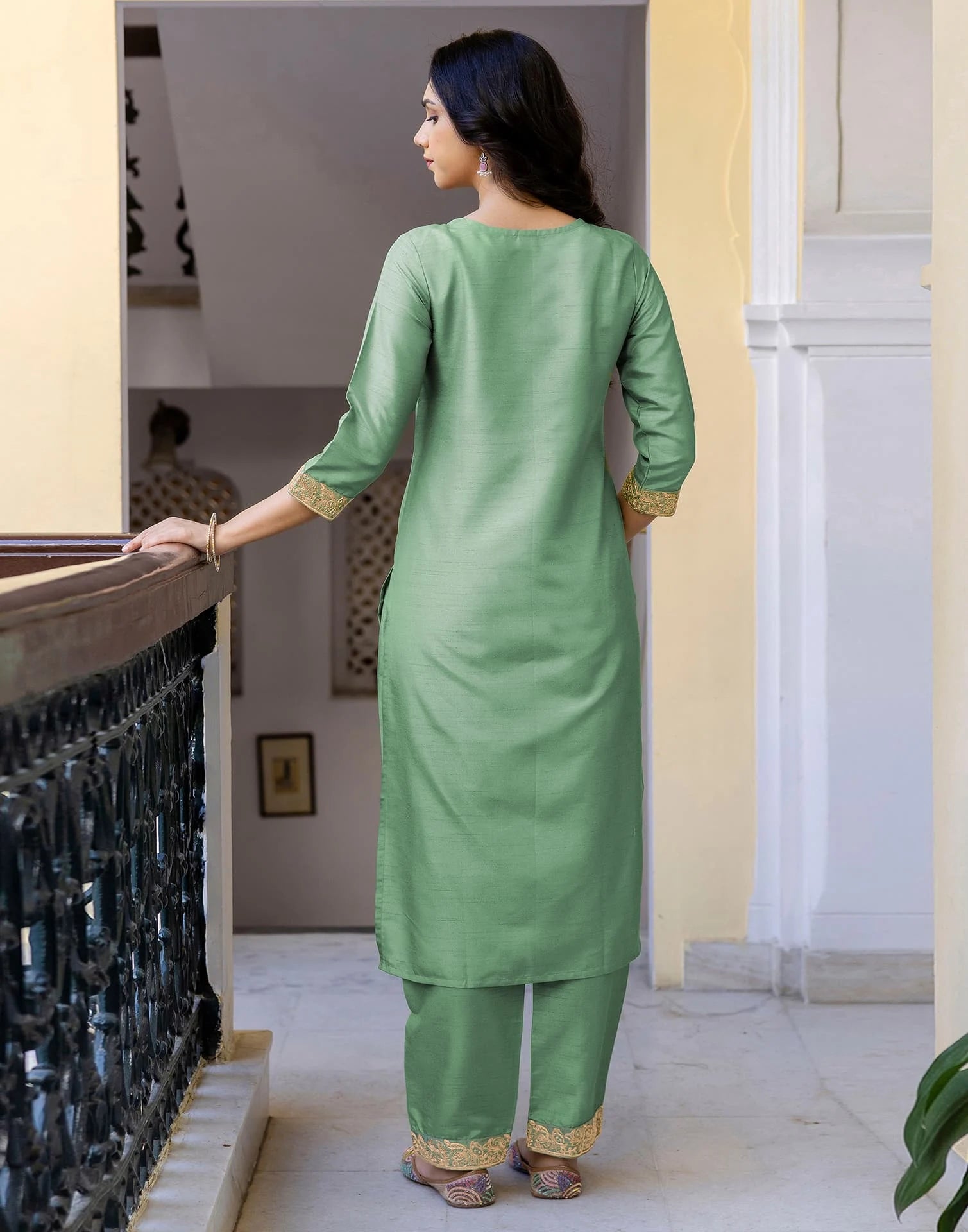 Skylee Green Silk Embroidered Straight Kurta Set for Women