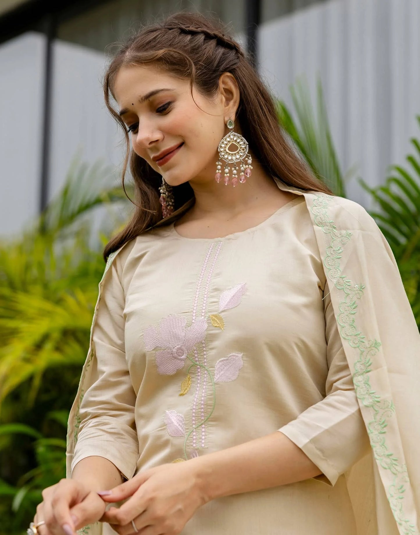 Silk Blend Embroidered Straight Kurta with Pant & Dupatta