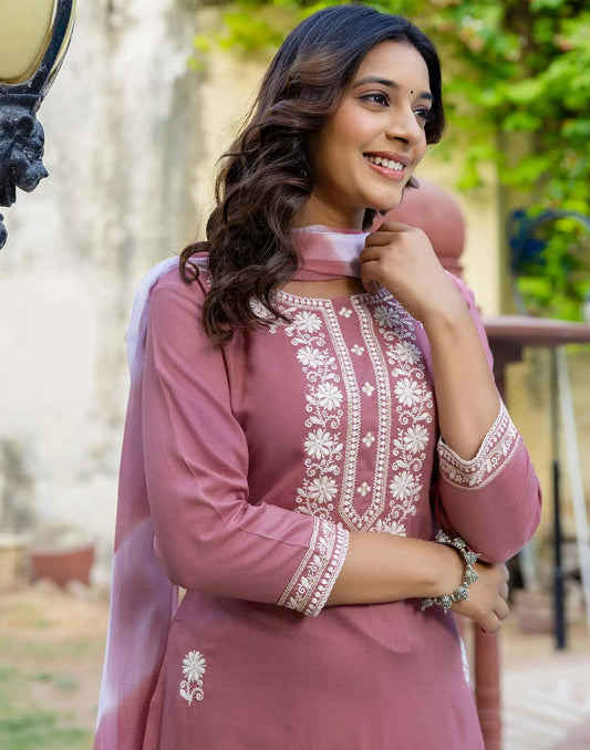 Rayon Embroidery, Sequins Work and Embroidery Lace Straight Kurta with Pant & Dupatta