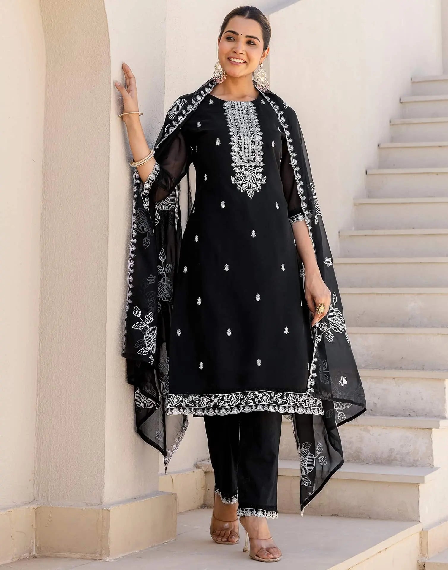 Skylee Black Silk Embroidered Straight Kurta Set for Women
