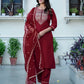 Maroon Silk Sequence Embroidered Straight Kurta Set with Pant and Dupatta – Elegant Wedding & Festive Wear for Women
