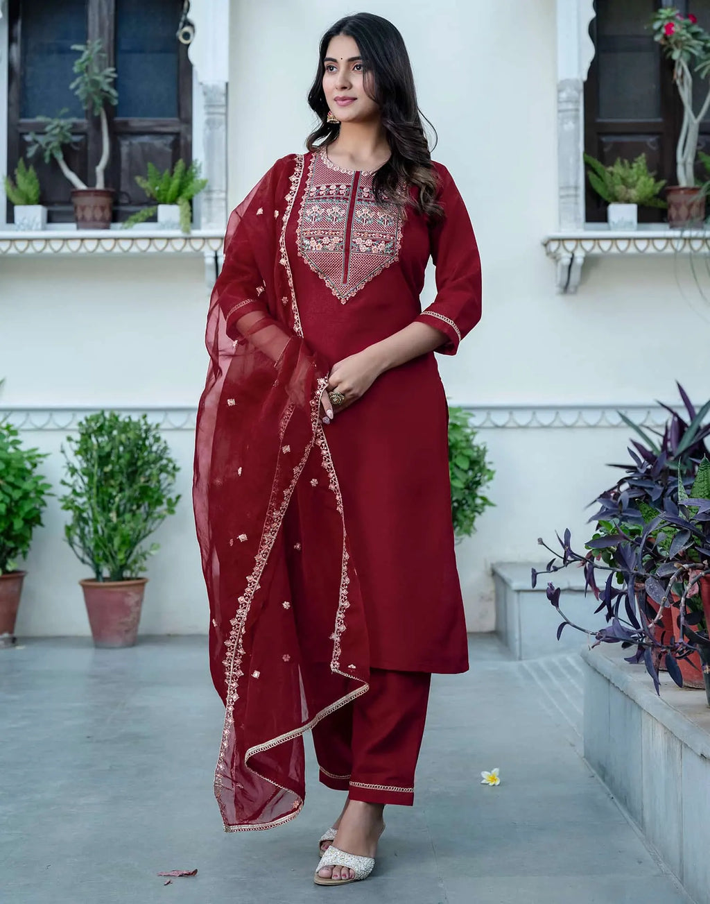 Maroon Silk Sequence Embroidered Straight Kurta Set with Pant and Dupatta – Elegant Wedding & Festive Wear for Women