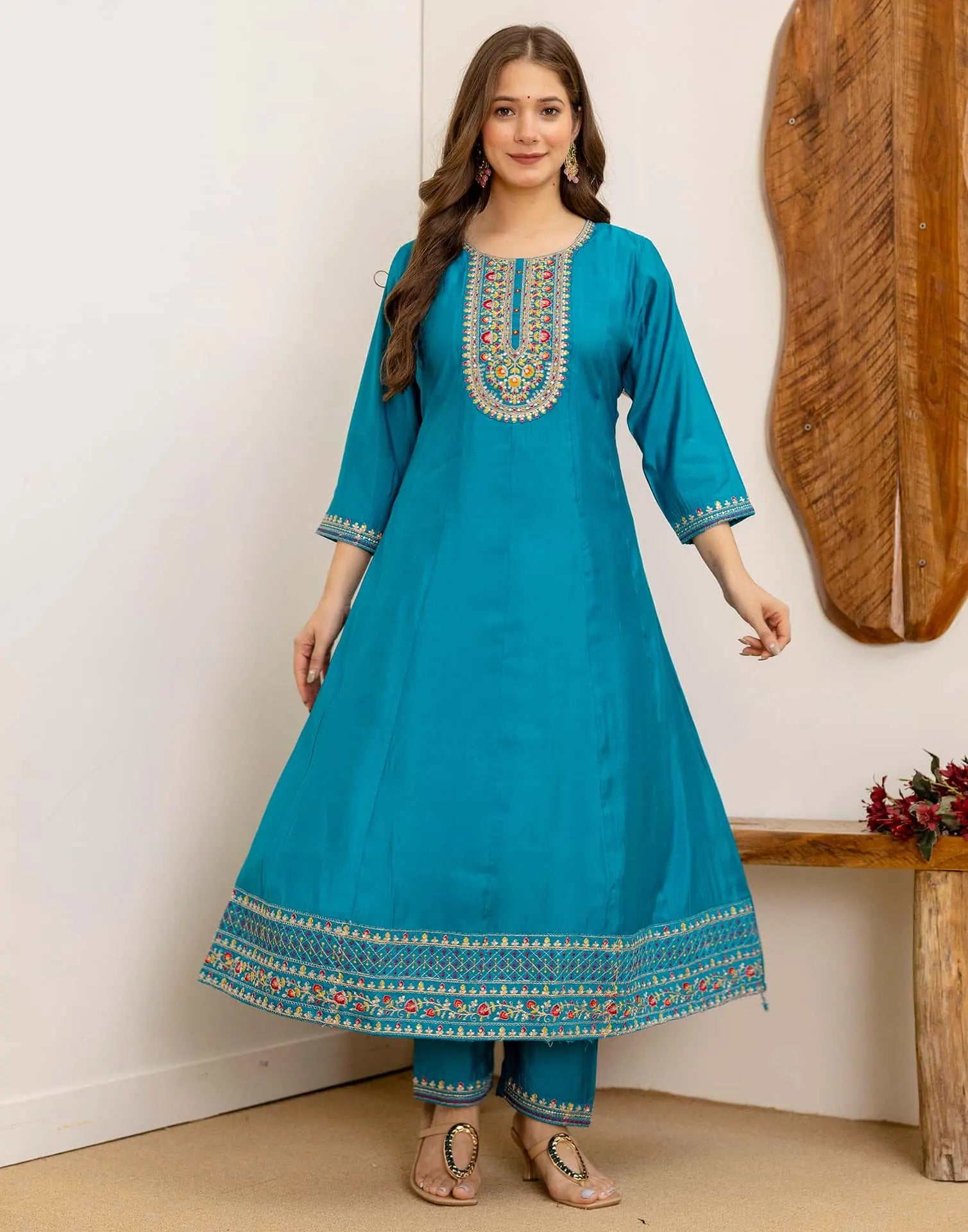 Blue Silk Embroidered Anarkali Kurta Set with Pant and Dupatta for Women Festive Wear under 1299
