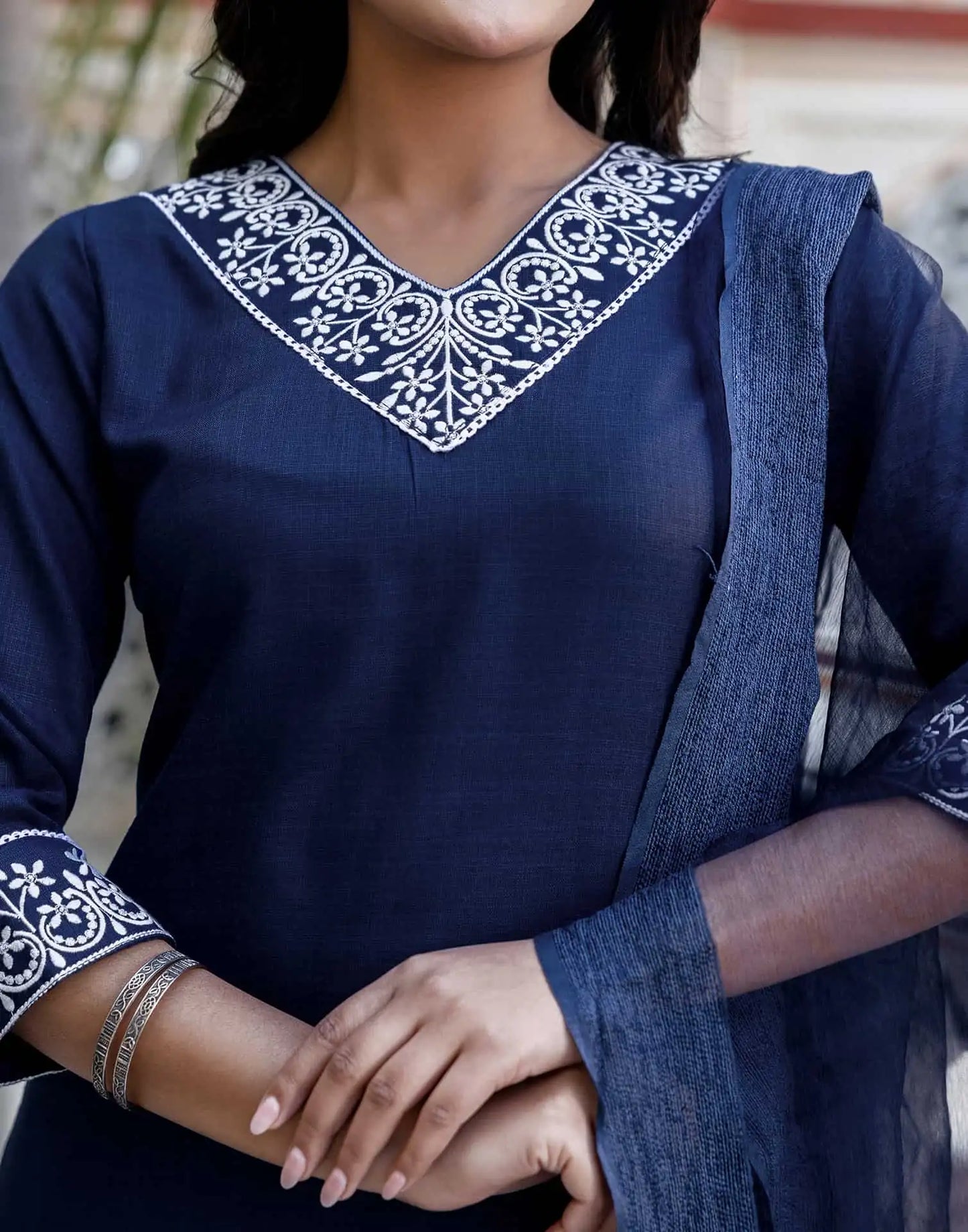 Cotton Blend Embroidered Straight Kurta with Pant & Dupatta