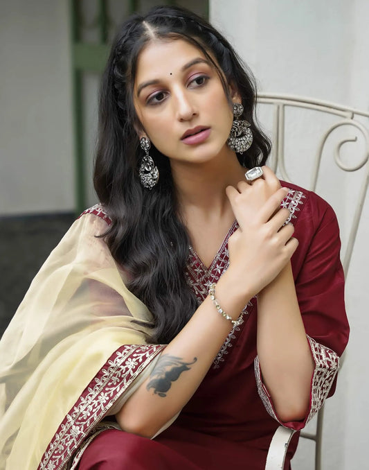 Silk Blend Sequins Embroidery Lace Straight Kurta with Pant & Dupatta