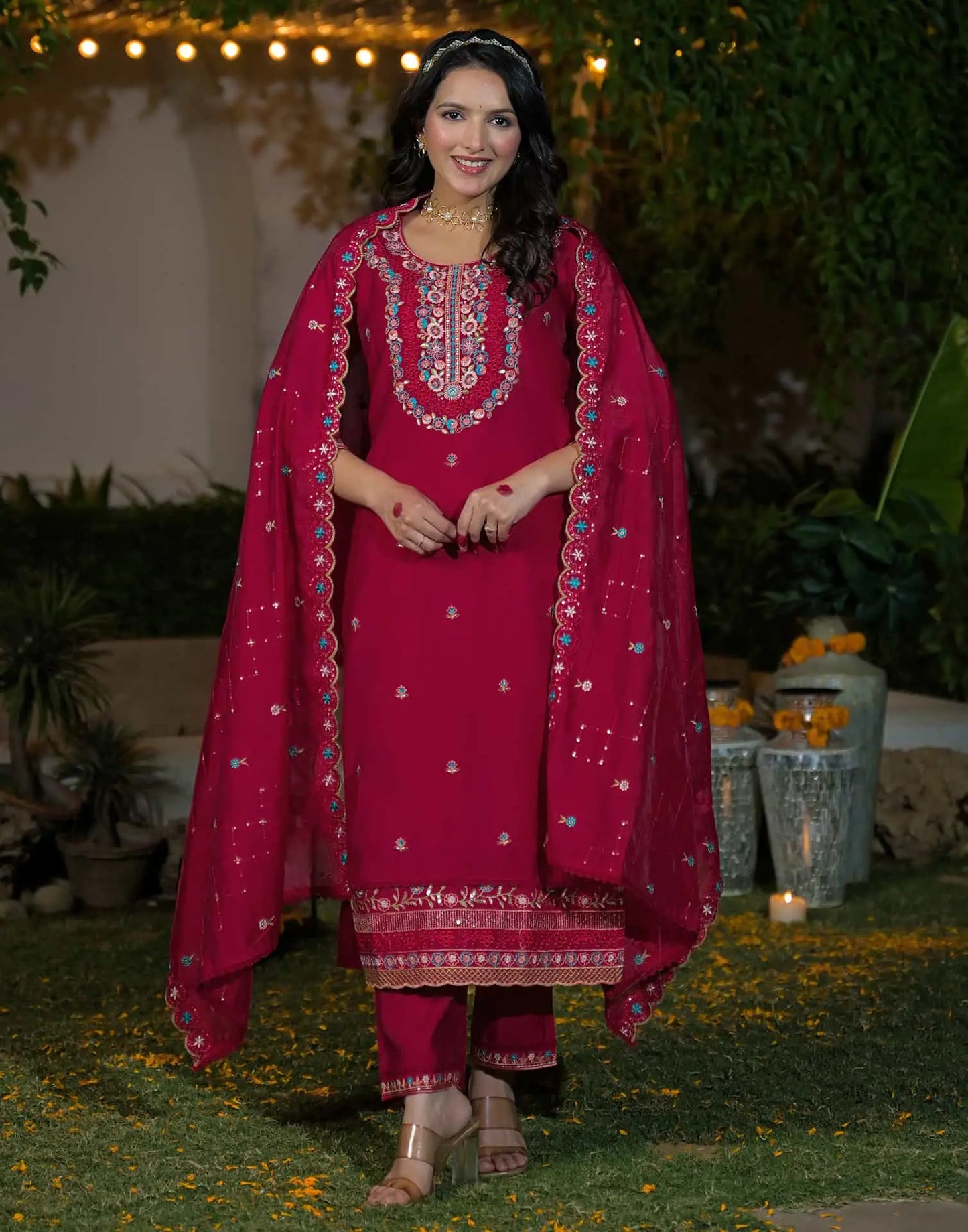 Silk Straight Embroidery Round Neck Kurta with Pant & Dupatta
