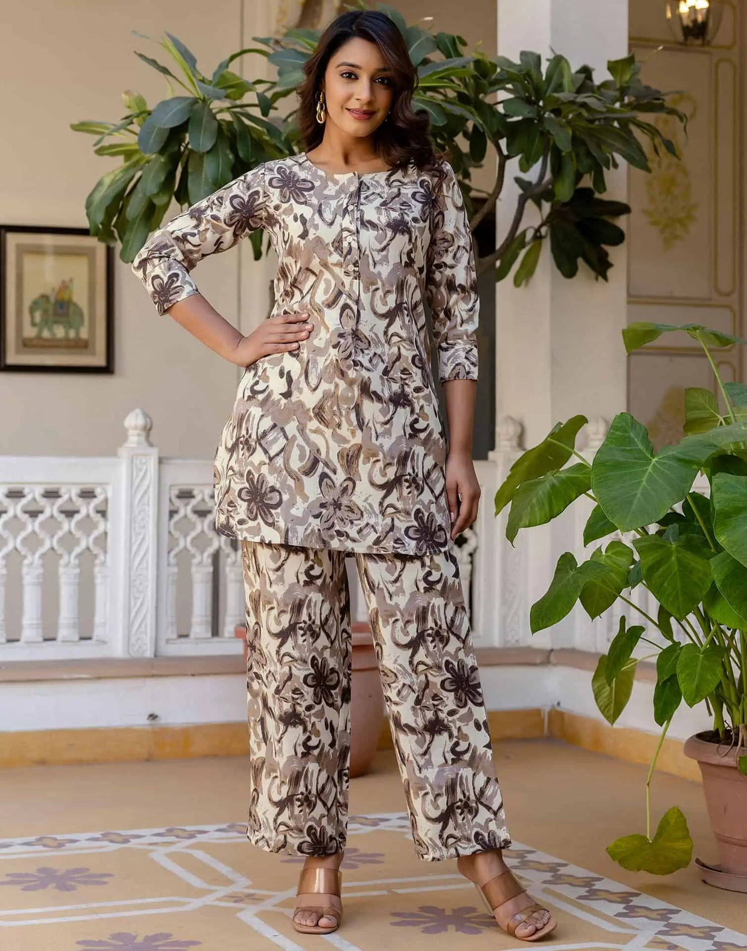 Skylee Cotton Blend Printed Boat Neck Co-ord Set For Woman