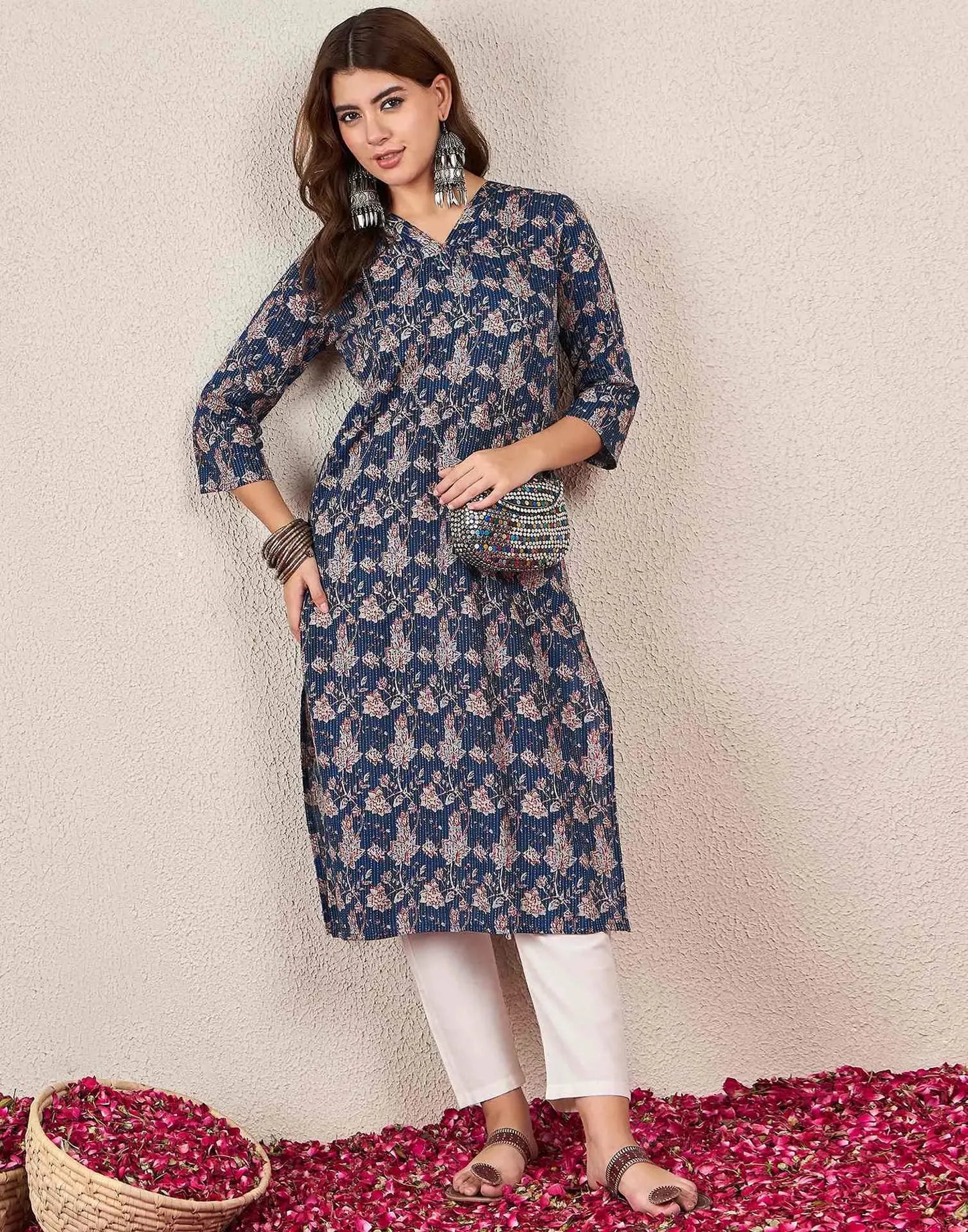 Cotton Embroidered Straight V-Neck Kurti