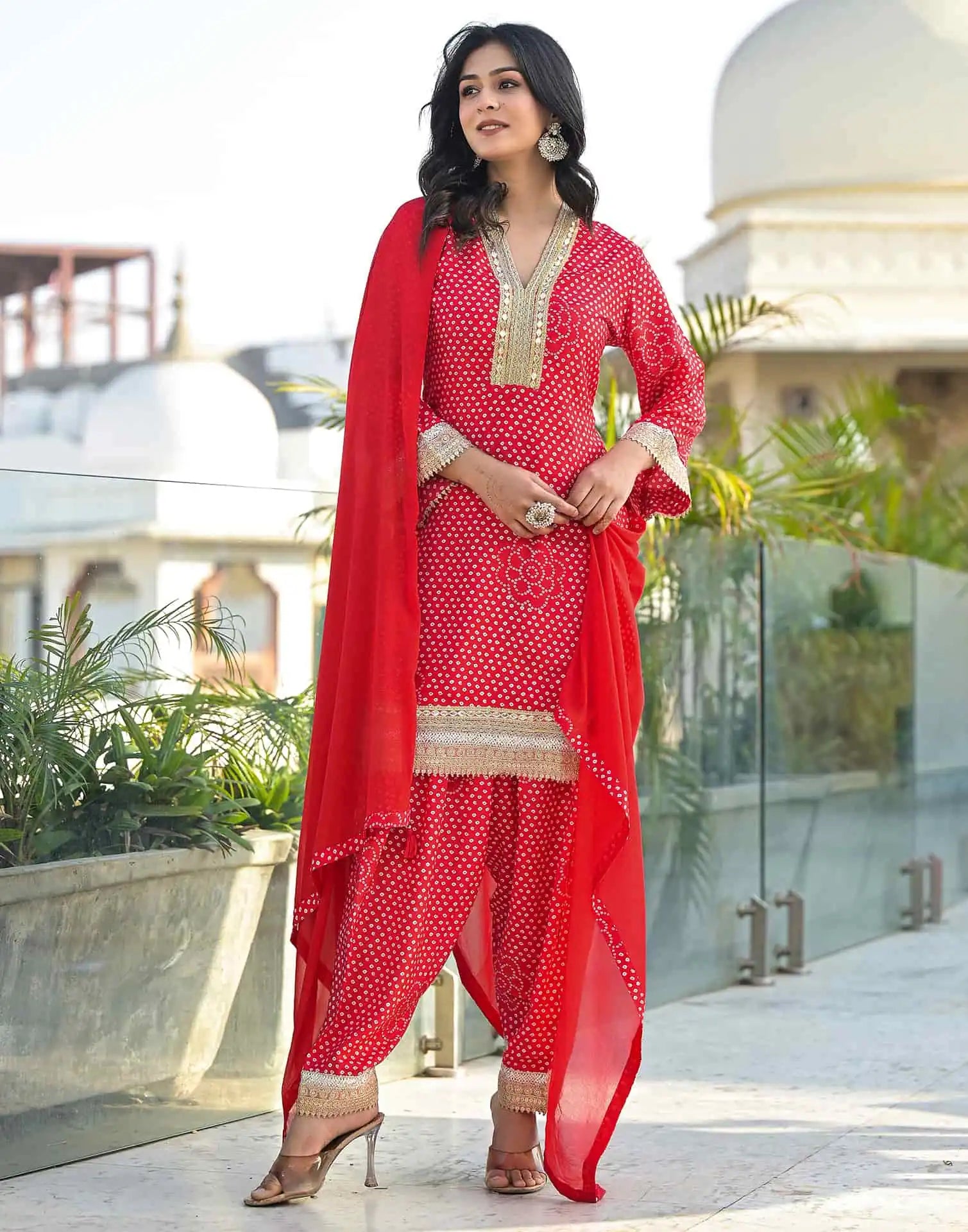Red Silk Printed Straight Kurta Set with Pant & Dupatta V-Neck Ethnic Kurti for Festive Wear