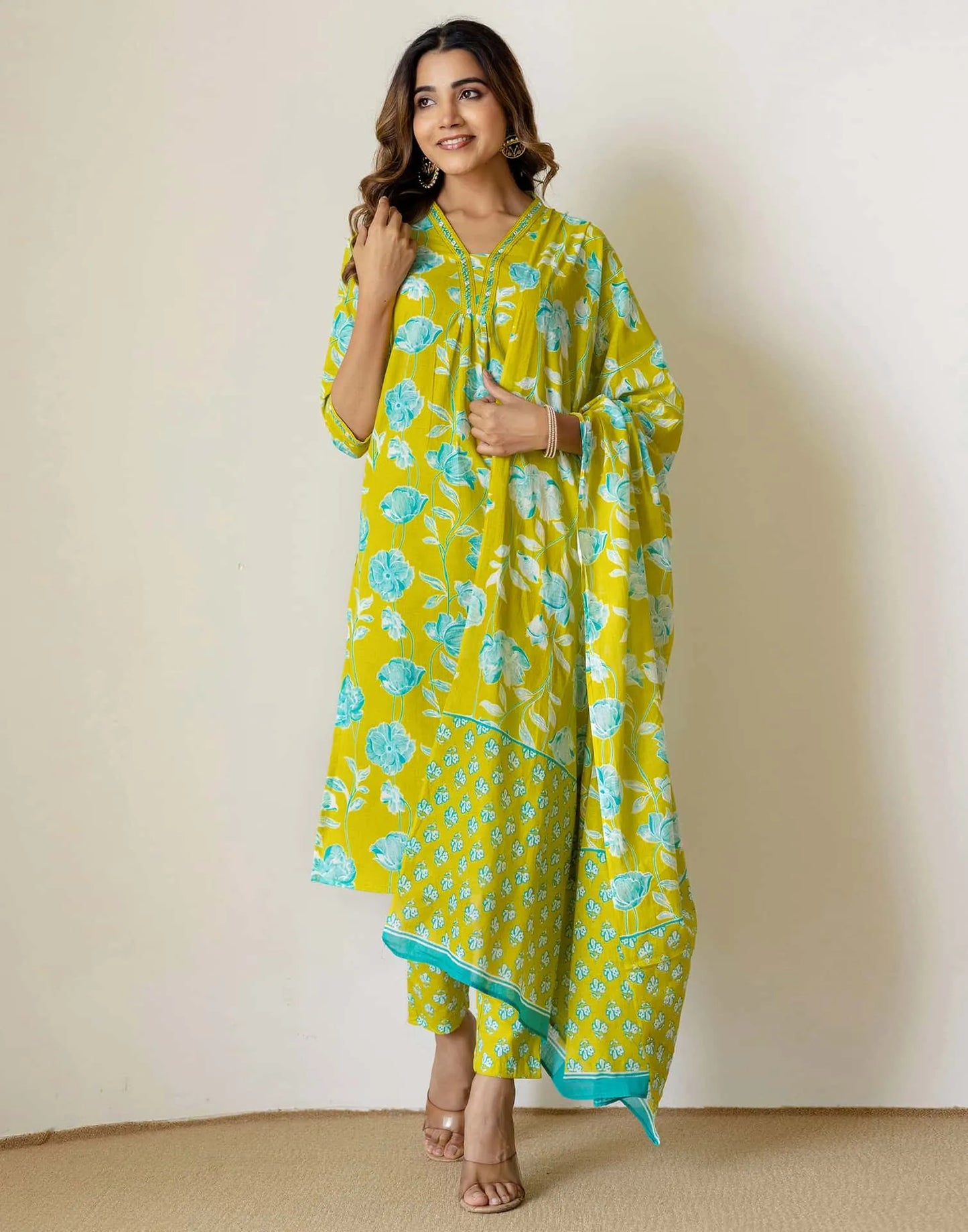 Green Cotton Printed Straight Kurta with Pant & Dupatta for Women