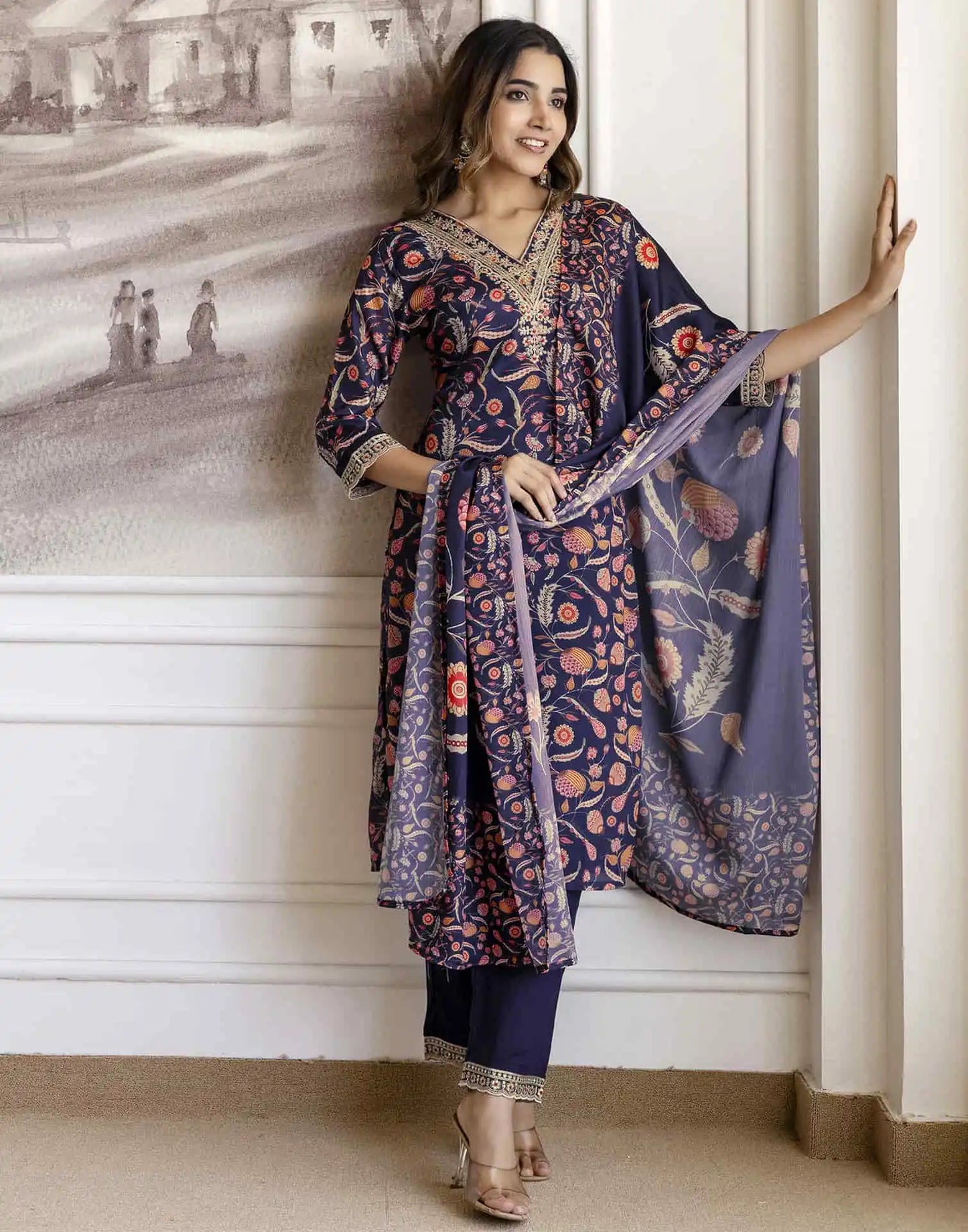 Blue Cotton Printed Straight Kurta Set with Pant & Dupatta for Women under 1299