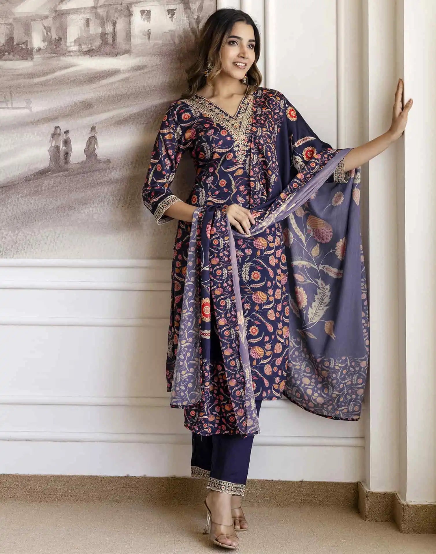 Blue Cotton Printed Straight Kurta Set with Pant & Dupatta for Women under 1299