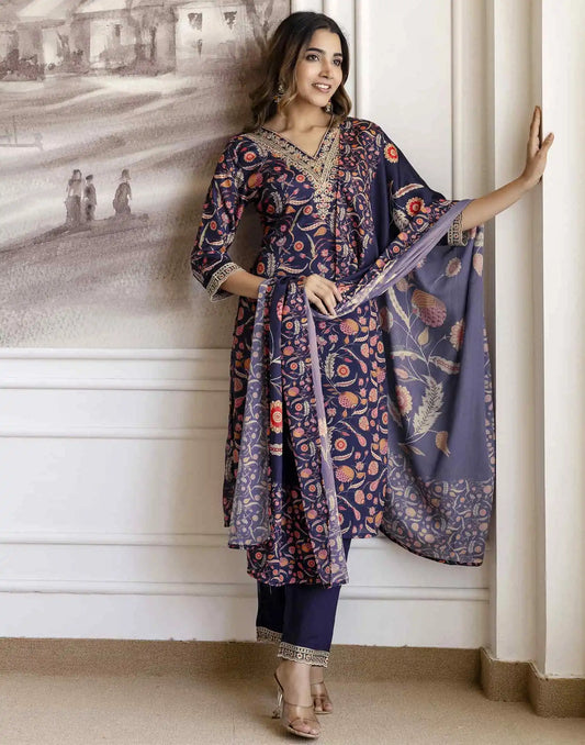 Blue Cotton Printed Straight Kurta Set with Pant & Dupatta for Women under 1299
