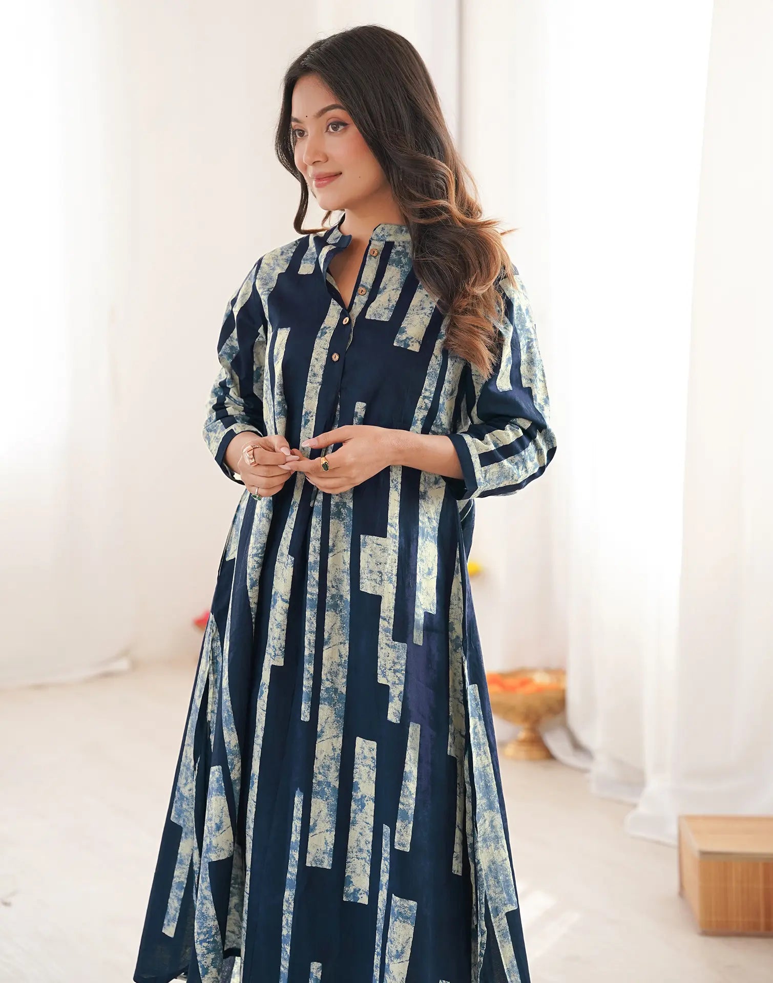 Skylee Cotton Printed Mandarin Collar Co-ord Set For Woman