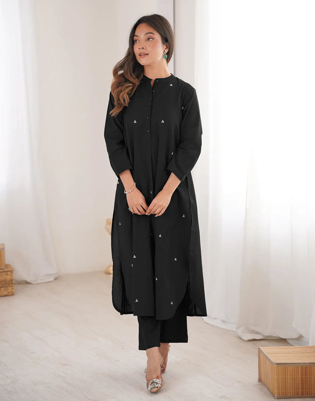 Skylee Cotton Embroidered Mandarin Collar Co-ord Set For Woman