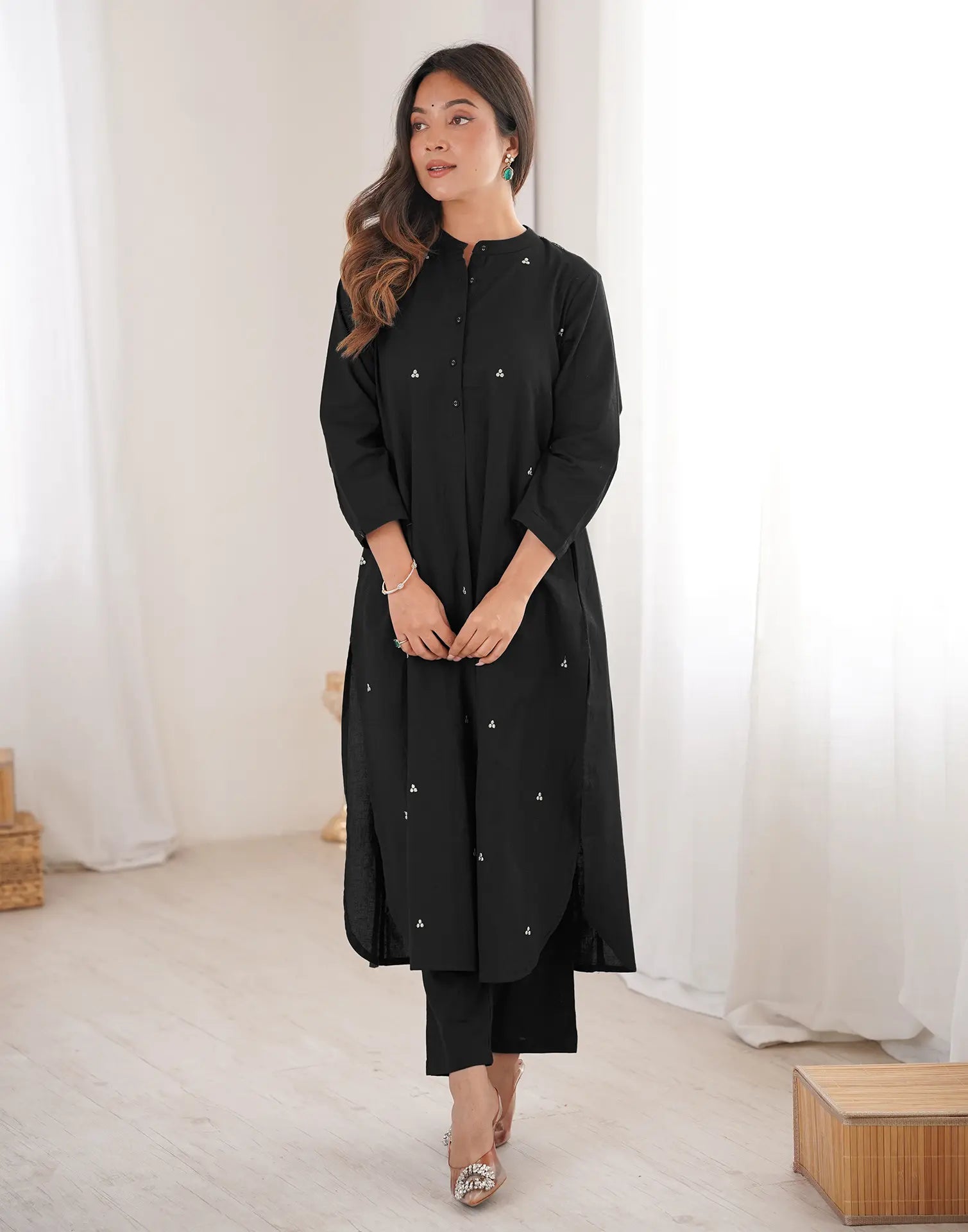 Skylee Cotton Embroidered Mandarin Collar Co-ord Set For Woman