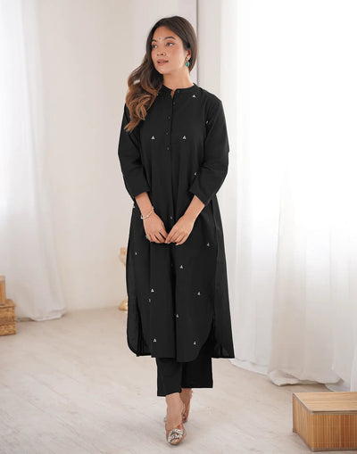 Cotton Embroidered Mandarin Collar Co-ord Set