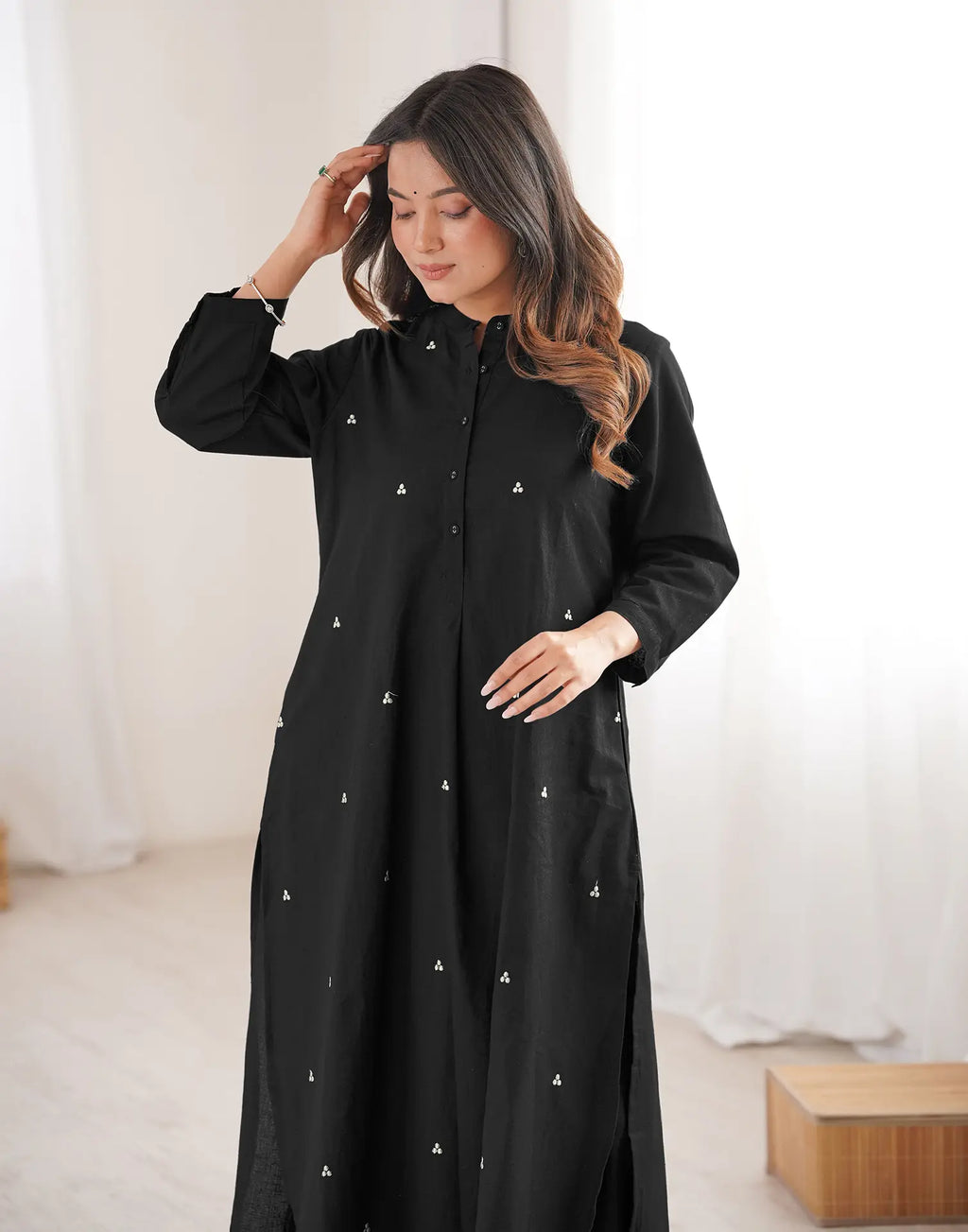 Skylee Cotton Embroidered Mandarin Collar Co-ord Set For Woman