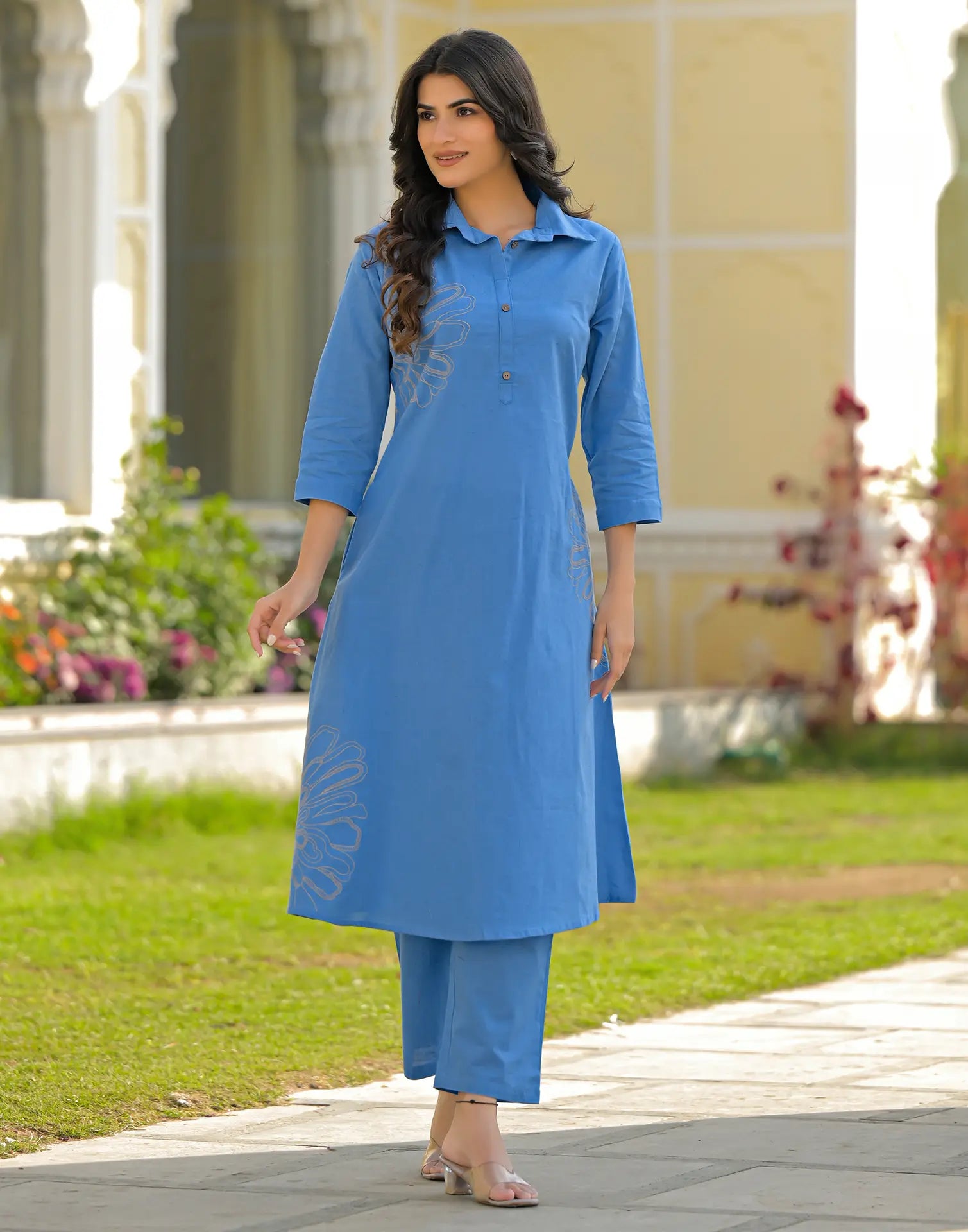 Cornflower Blue Collared Neck Embroidered A-Line Ethnic Co-ord Set