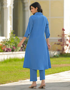 Cornflower Blue Collared Neck Embroidered A-Line Ethnic Co-ord Set