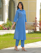 Cornflower Blue Collared Neck Embroidered A-Line Ethnic Co-ord Set