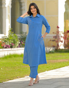 Cornflower Blue Collared Neck Embroidered A-Line Ethnic Co-ord Set