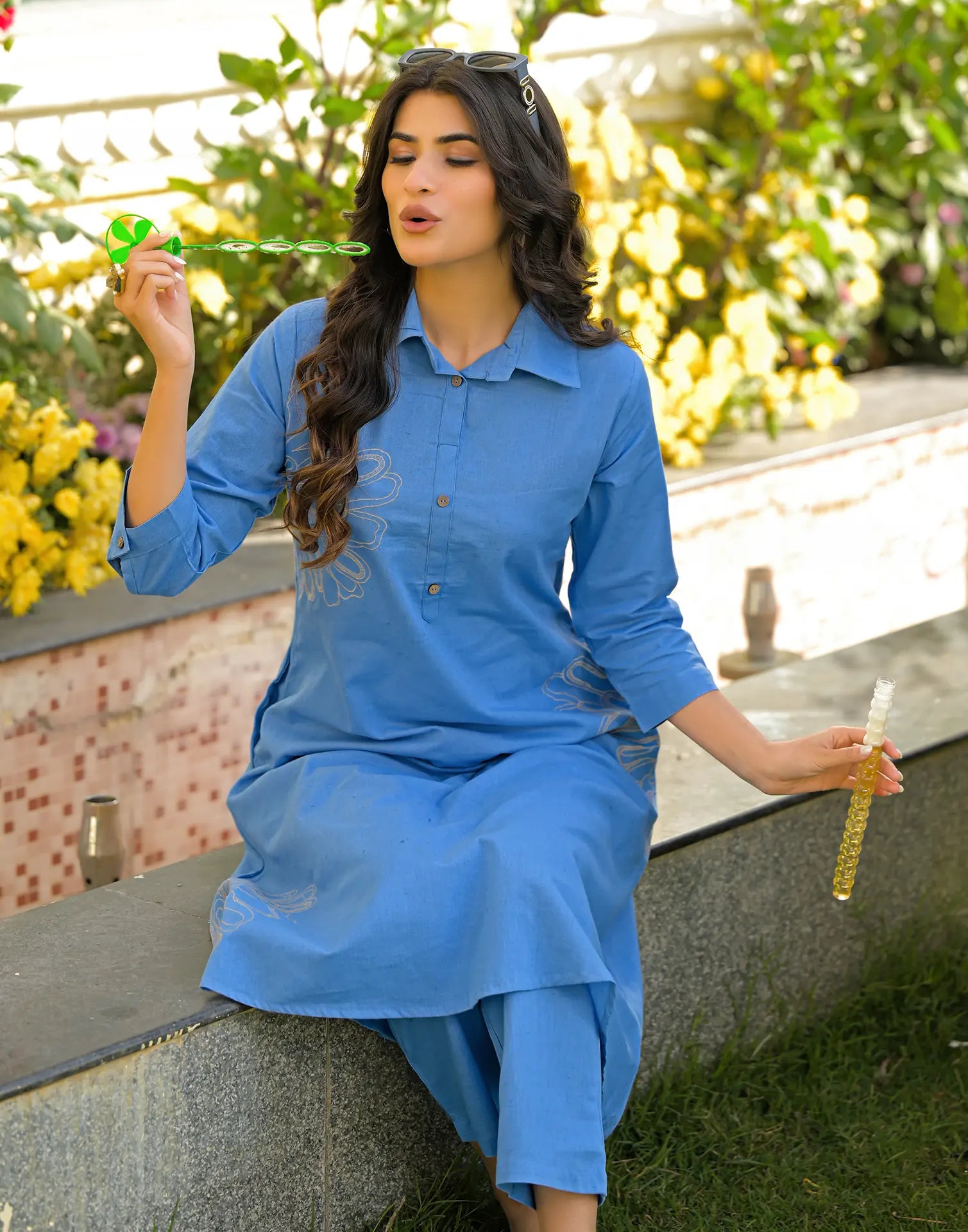 Cornflower Blue Collared Neck Embroidered A-Line Ethnic Co-ord Set