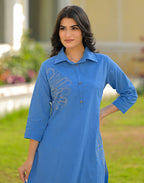 Cornflower Blue Collared Neck Embroidered A-Line Ethnic Co-ord Set