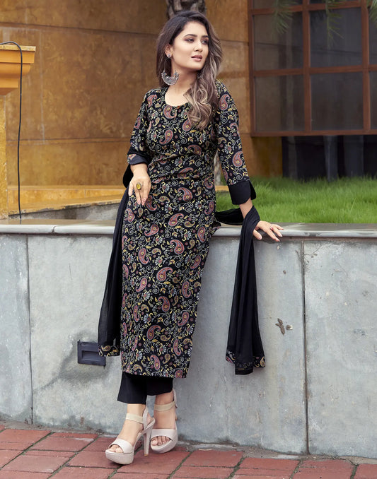 Crepe Printed Straight 3 Piece Kurta Set