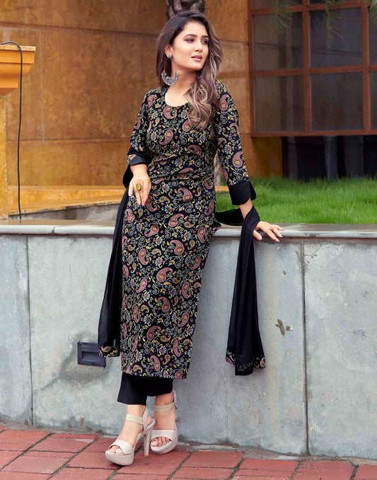 Crepe Printed A-Line Kurta with Pant & Dupatta
