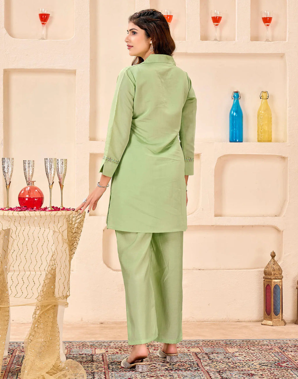 Skylee Silk Embroidered Spread Neck Co-ord Set For Woman