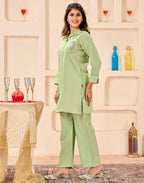 Skylee Silk Embroidered Spread Neck Co-ord Set For Woman