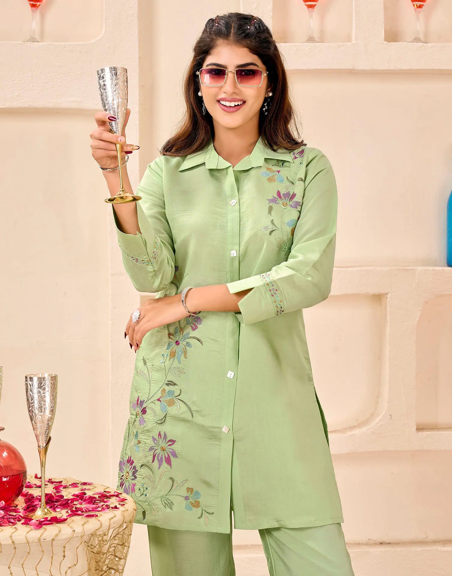 Skylee Silk Embroidered Spread Neck Co-ord Set For Woman