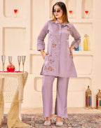 Skylee Silk Embroidered Spread Neck Co-ord Set For Woman