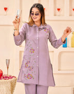 Skylee Silk Embroidered Spread Neck Co-ord Set For Woman