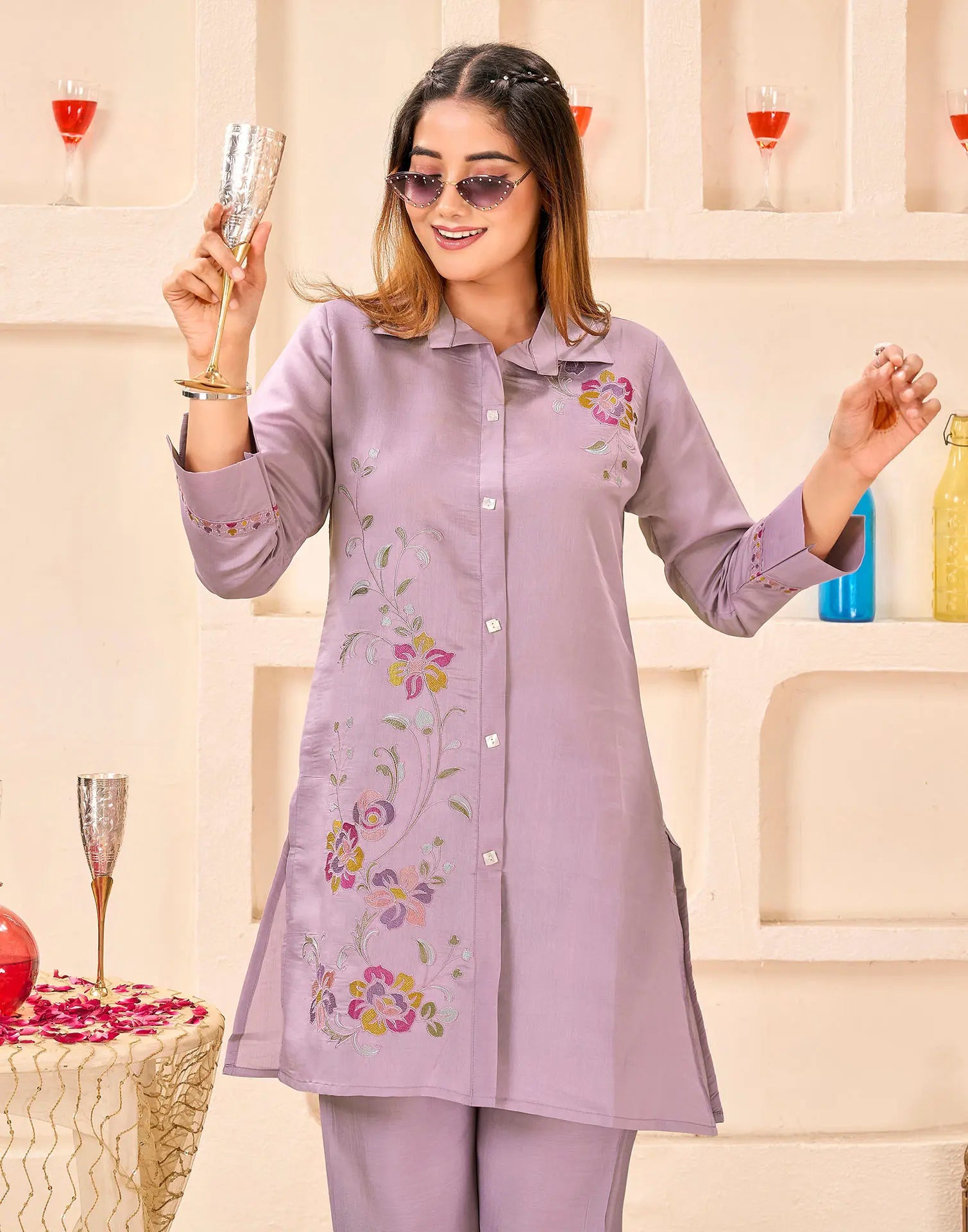 Skylee Silk Embroidered Spread Neck Co-ord Set For Woman