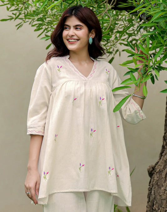Cotton Embroidered V-Neck Co-ord Set