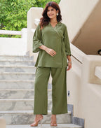 Skylee Cotton Embroidered V-Neck Co-ord Set For Woman