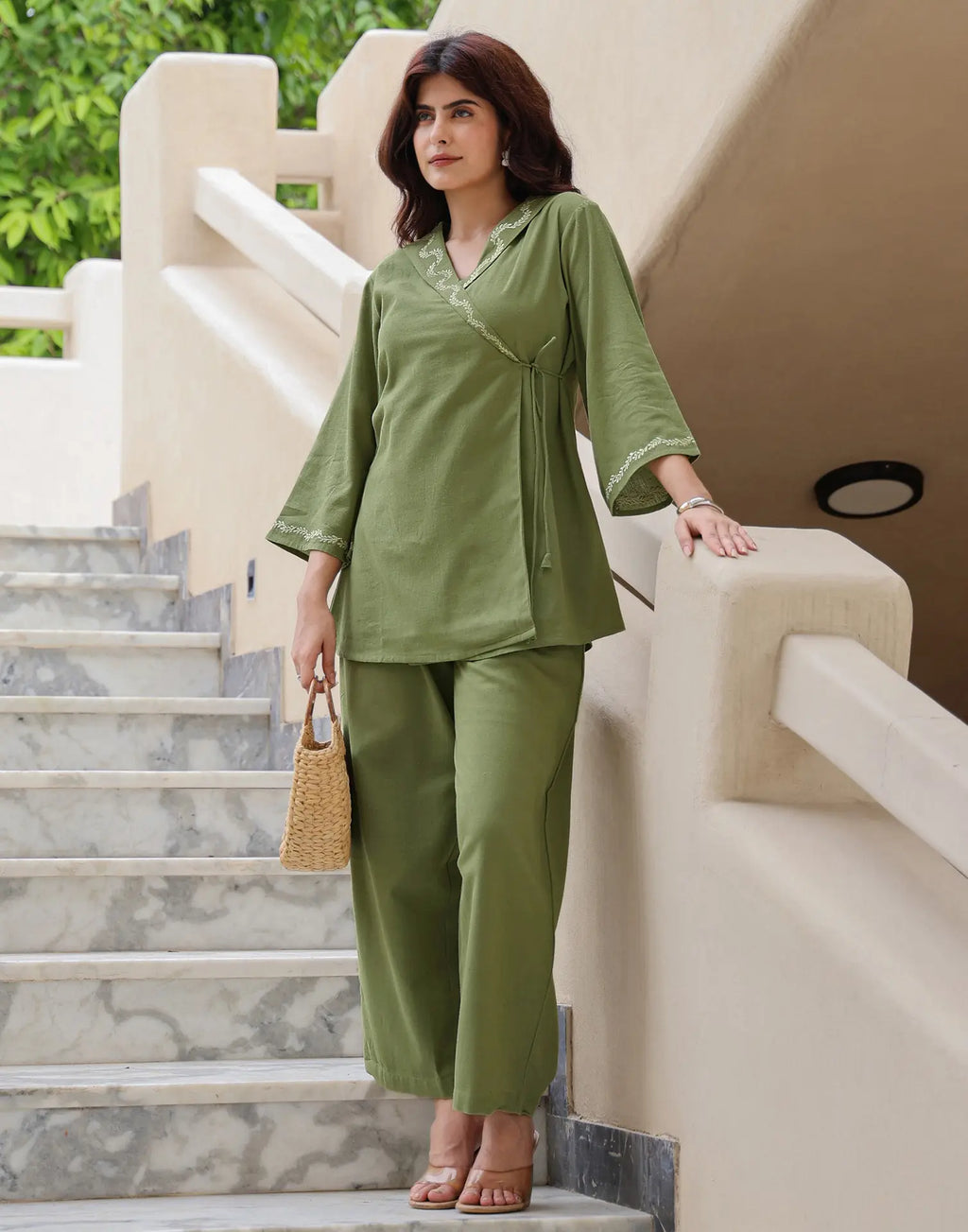 Skylee Cotton Embroidered V-Neck Co-ord Set For Woman