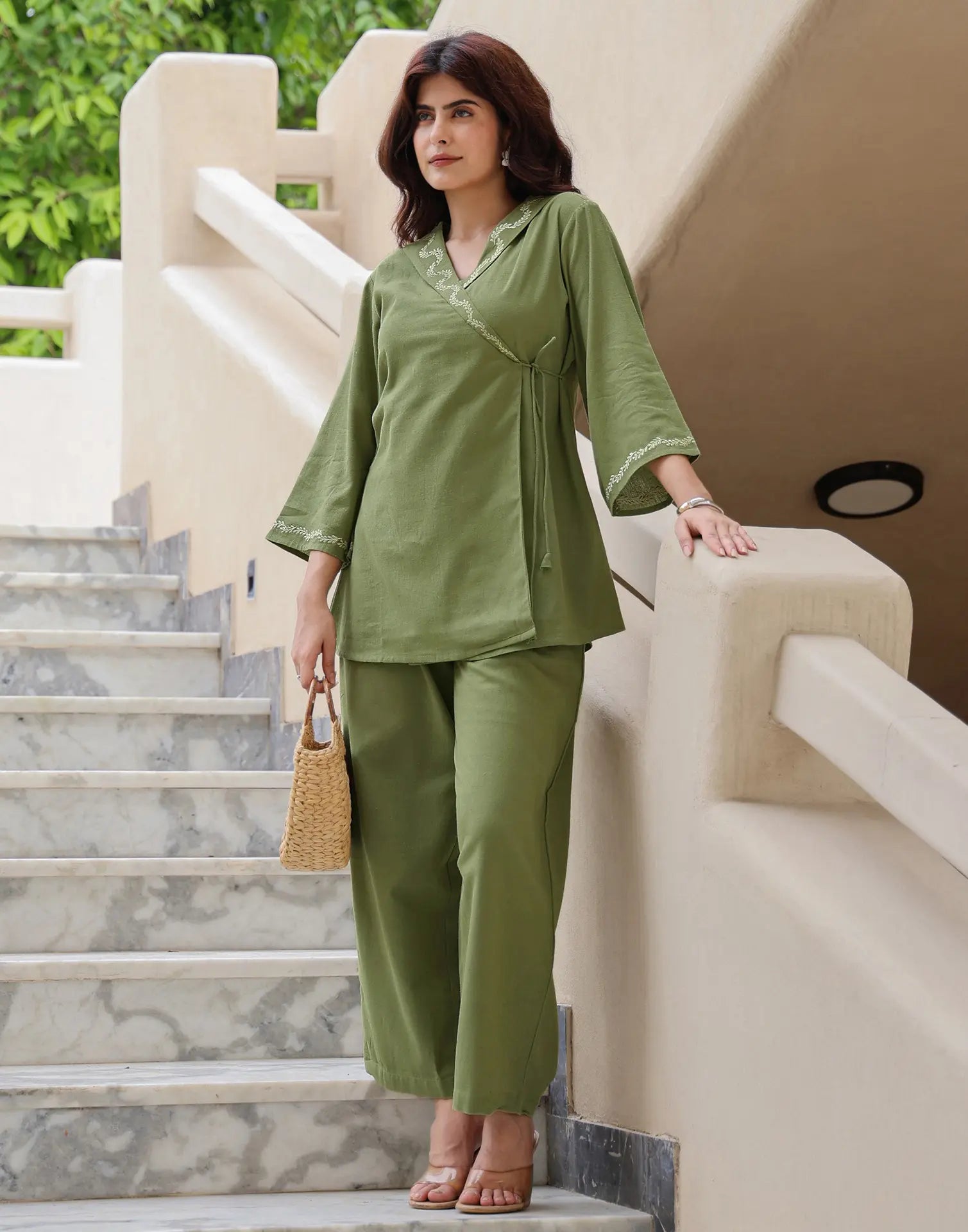 Skylee Cotton Embroidered V-Neck Co-ord Set For Woman