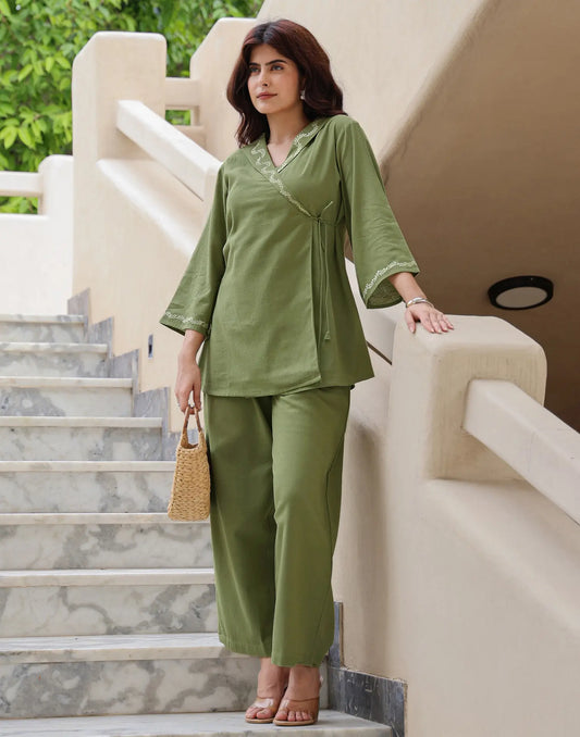 Cotton Embroidered V-Neck Co-ord Set