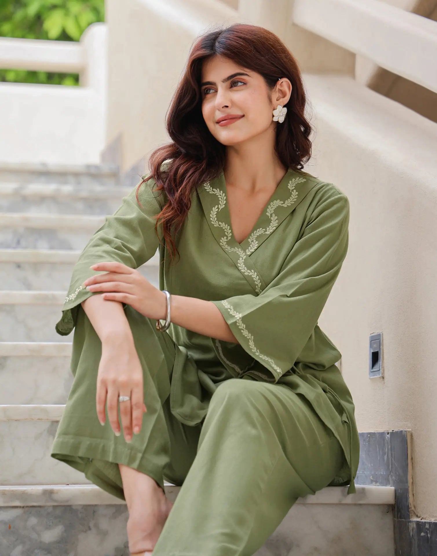 Skylee Cotton Embroidered V-Neck Co-ord Set For Woman