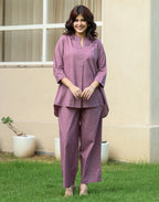 Skylee Cotton Embroidered Mandarin Collar Co-ord Set For Woman