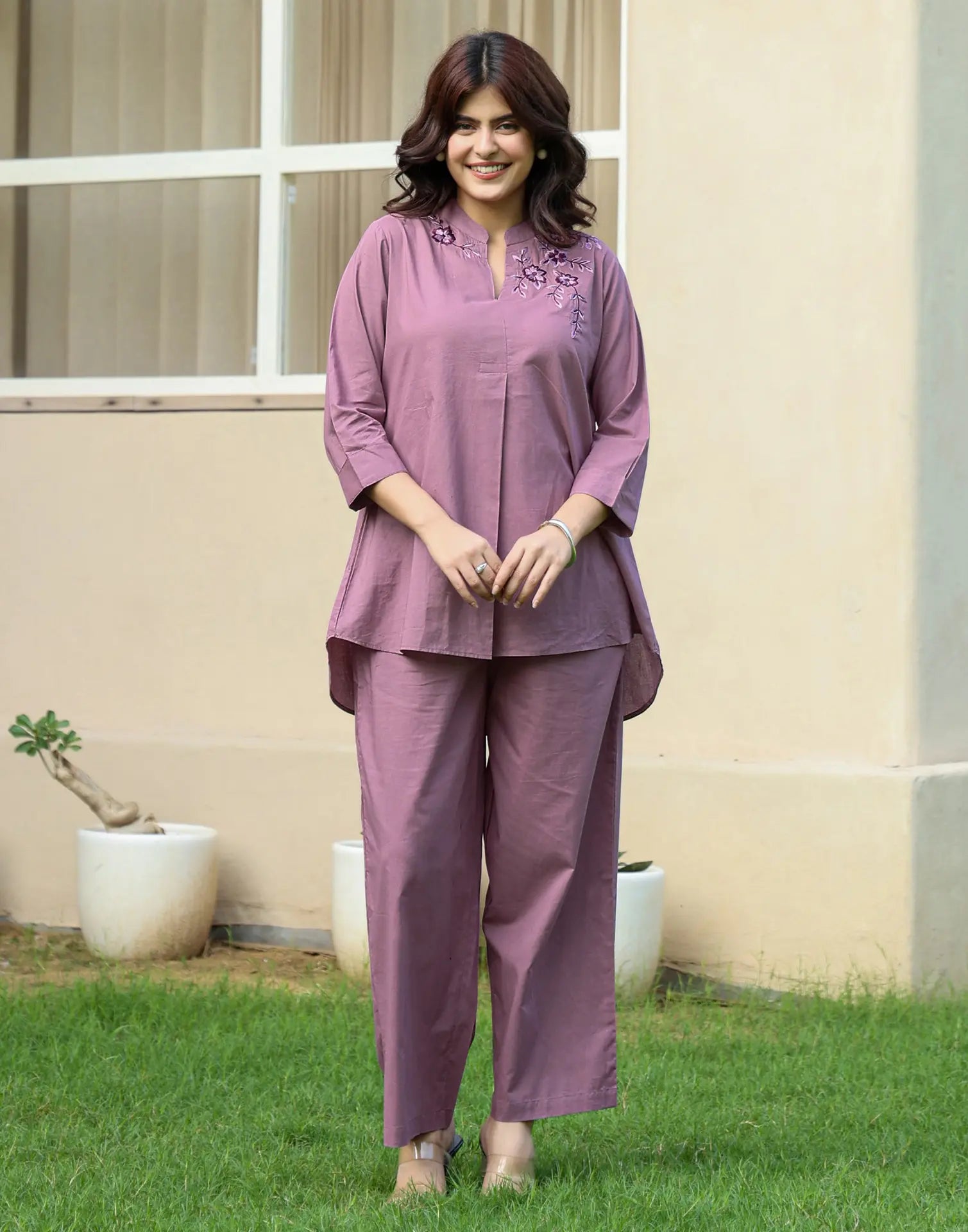 Skylee Cotton Embroidered Mandarin Collar Co-ord Set For Woman
